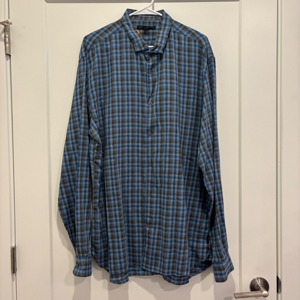 John Varvatos USA Mens XXL Blue Brown‎ Plaid Long Sleeve Button Down Shirt
